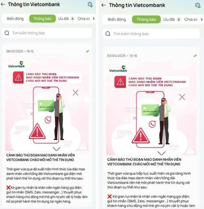 Vietcombank cảnh báo thủ đoạn giả mạo nhân viên ngân hàng để chiếm đoạt thông tin thẻ